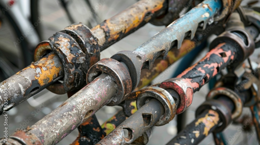 A sy bike rack made from old bicycle parts and scrap metal showcasing the intersection of recycling and urban transportation. A sy bike rack made from old bicycle parts and scrap metal showcasing the intersection of recycling and urban transportation.