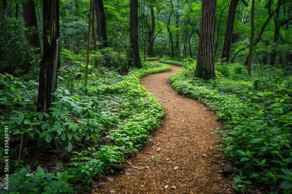 Dirt path cutting through lush green forest Dirt path cutting through lush green forest