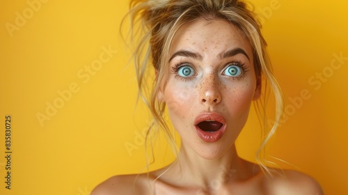 Surprised blonde woman with open mouth on yellow background photo