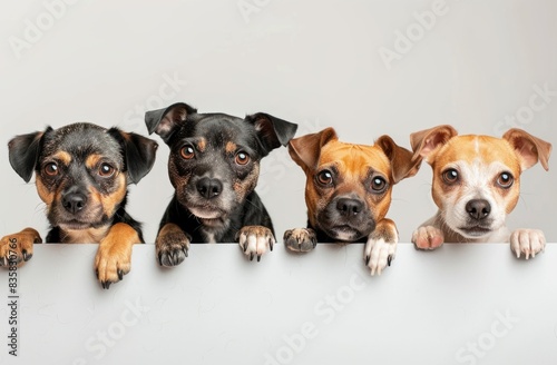 Group of small dogs standing behind white sign