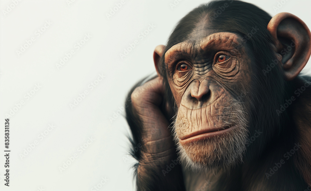 Close-up of a young chimpanzee with dark fur and expressive eyes, looking directly at the camera with a thoughtful expression.