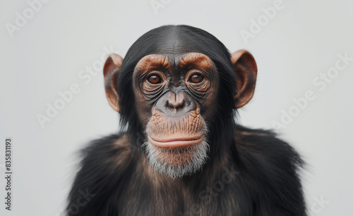 Close-up of a young chimpanzee with dark fur and expressive eyes, looking directly at the camera with a thoughtful expression. © Curioso.Photography