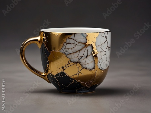 A stunning kintsugi mug with intricate gold veins running through its cracked surface, reflecting the light in a mesmerizing way.

