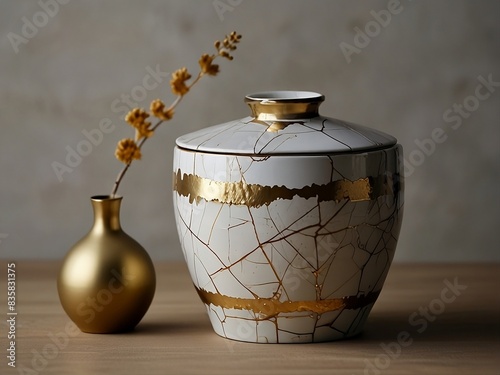 A kintsugi pot its broken pieces carefully mended with shimmering gold.