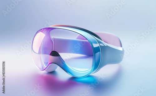 A sleek, futuristic VR headset with a reflective visor in shades of blue and purple, representing advanced virtual reality technology.   © Curioso.Photography