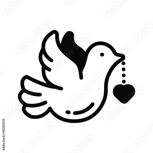 Beautiful bird with heart necklace in its beak, trendy icon of love bird