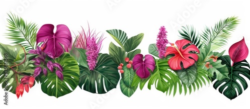 Floral arrangement featuring tropical leaves, Monstera and fern, orchids on a tree branch, isolated on white background with copy space image.
