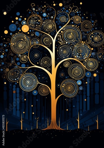 Family tree with spirals and graphical elements on dark blue background, main colors are gold and blue, many detail