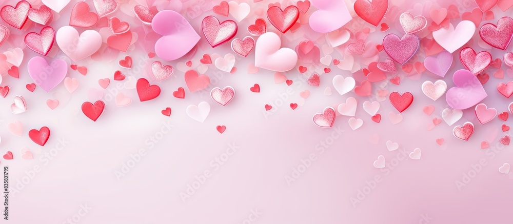 Top-down view of delicate pink paper hearts flowing on a soft pink background, ideal as a Valentine's Day background with copy space image for various designs like cards or posters. Top-down view of delicate pink paper hearts flowing on a soft pink background, ideal as a Valentine's Day background with copy space image for various designs like cards or posters.