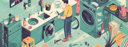 An animated illustration showing various tools floating around a repairman generated by AI