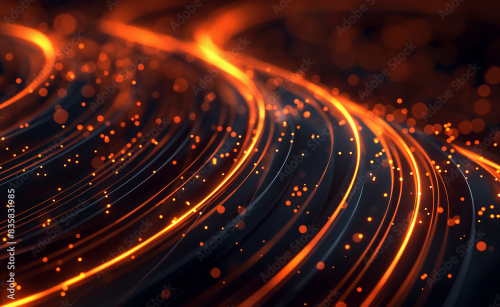Flowing orange particles and lines representing dynamic data transfer in a digital network, illustrating modern technology and connectivity. Flowing orange particles and lines representing dynamic data transfer in a digital network, illustrating modern technology and connectivity.
