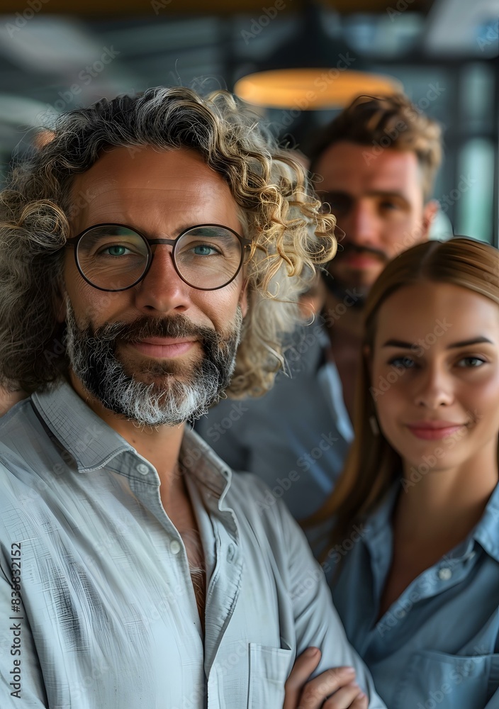 A group of people smiling at the camera in an office A group of people smiling at the camera in an office