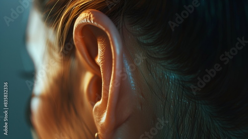 Behind a woman ear : Close up shot. AI Generative.