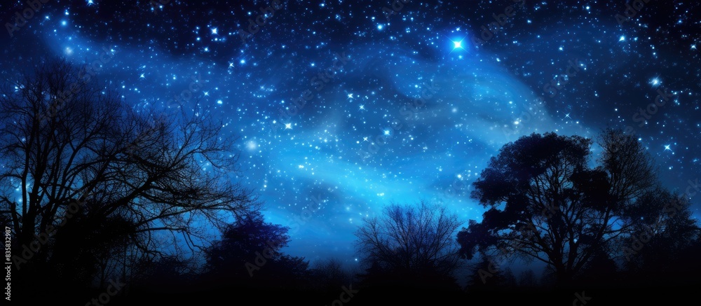 Silhouettes of trees against a starry sky, creating a serene scene with ample copy space image.