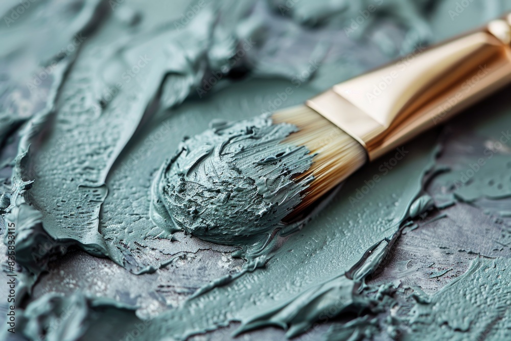 Detailed close-up of a paintbrush covered in green paint Detailed close-up of a paintbrush covered in green paint