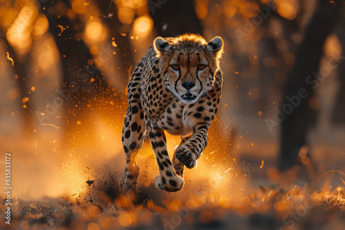 cheetah running in Kruger National Park with the Savannah trees in the background, generative ai