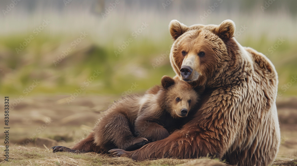 Fototapeta premium Little Fluffy Brown Bear Giving Mother a Big Hug
