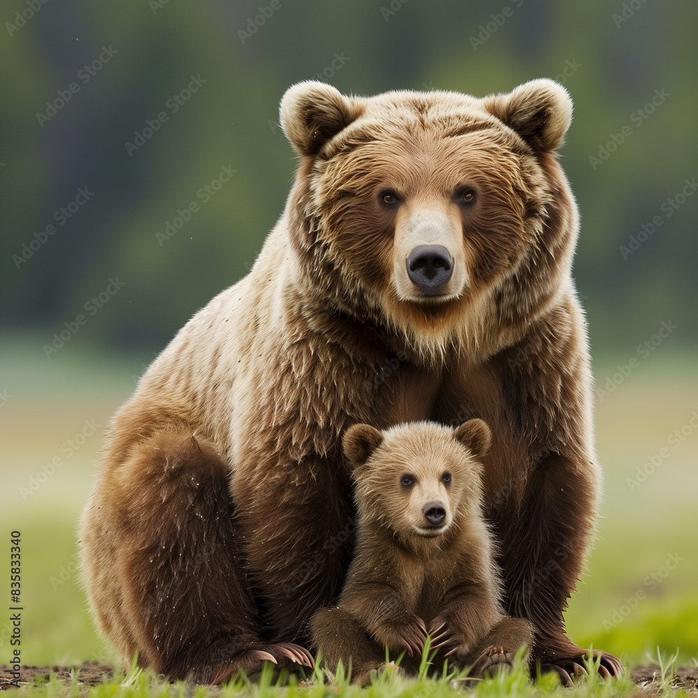 Fototapeta premium Fluffy Brown Bear Mother and Cub