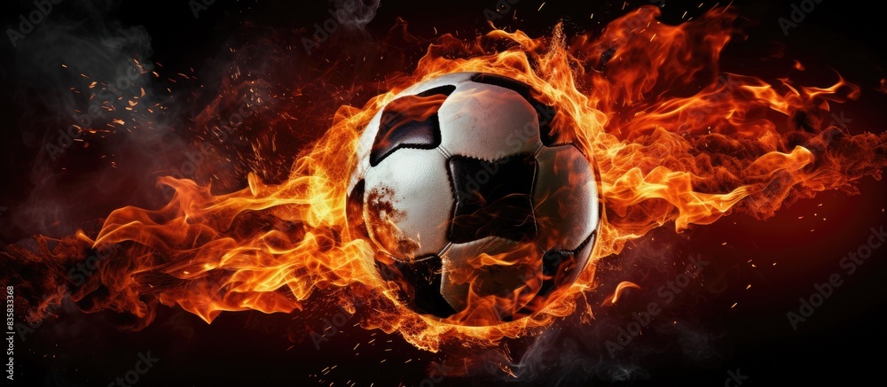 Fototapeta premium Closeup of a soccer ball on the grass of a football field in a packed stadium with spotlights at dusk, representing sport, art, and power in an advertising-friendly copy space image.