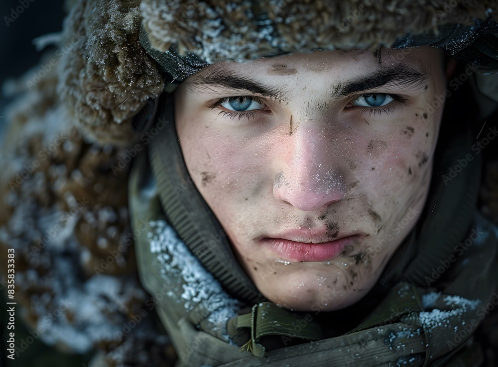 Portrait of a young soldier with blue eyes and a determined expression on his face Portrait of a young soldier with blue eyes and a determined expression on his face