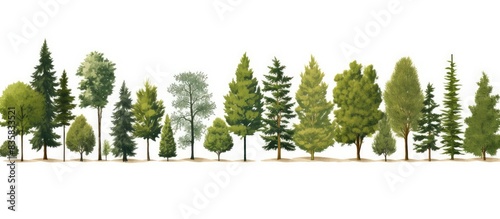 Rows of green trees and bushes in a summer forest setting against a white background with copy space image.