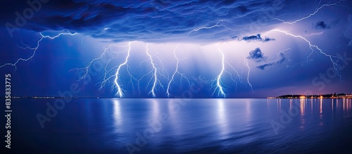 Fototapeta Naklejka Na Ścianę i Meble -  A massive lightning bolt branches out over the sea close to a far-off ship, creating a striking reflection in the water below, ideal for a copy space image.