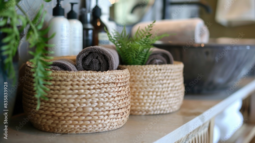 Two baskets filled with neatly folded towels. Two baskets filled with neatly folded towels.