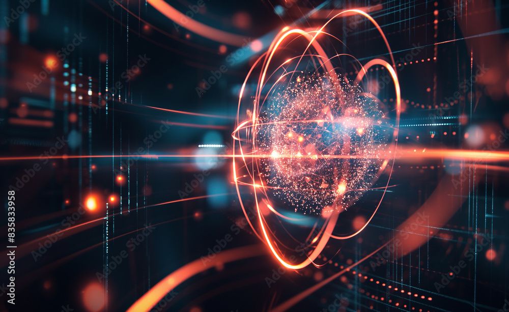 Fototapeta premium Futuristic technology, composed of glowing orange lines and particles in circular patterns, on a dark background, with space for text. The design is striking and modern, highlighting advanced digital 