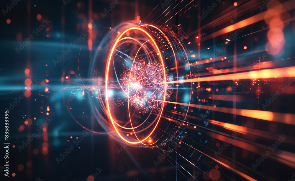 Fototapeta premium Futuristic technology, composed of glowing orange lines and particles in circular patterns, on a dark background, with space for text. The design is striking and modern, highlighting advanced digital
