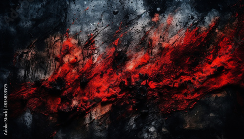 Burning flame illuminates dark, grungy backdrop pattern 
