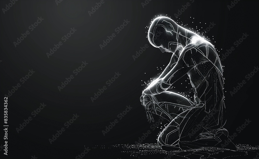 A cutting-edge AI robot, made from glowing silver lines and particles on a dark background, with plenty of space for text. The composition is futuristic and captivating, evoking advanced technology. A cutting-edge AI robot, made from glowing silver lines and particles on a dark background, with plenty of space for text. The composition is futuristic and captivating, evoking advanced technology.