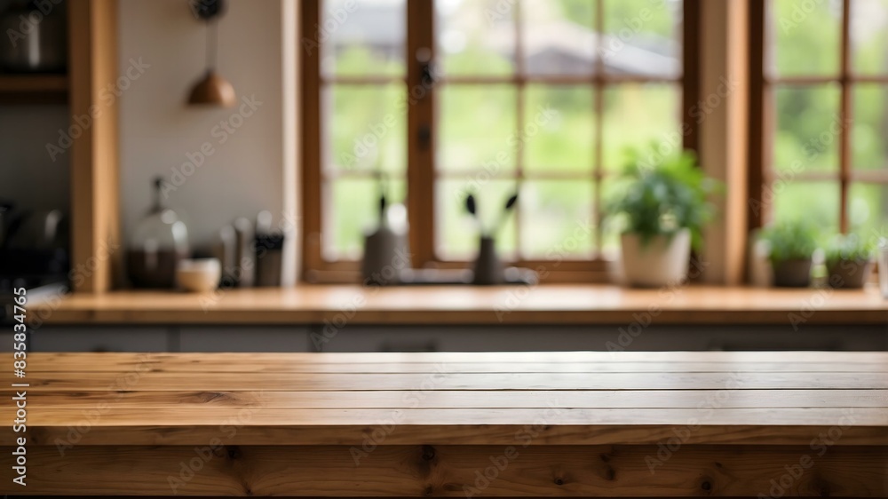 Empty table for product display on blurred kitchen interior background Empty table for product display on blurred kitchen interior background