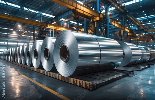 Steel rolls being processed in factory