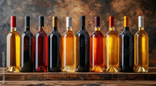 Row of wine bottles on wooden shelf photo