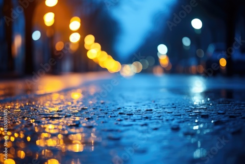 Glowing lights reflecting on a wet street