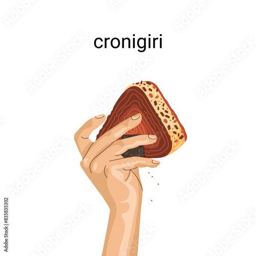 A woman's hand holds a kronigiri or an onigiri croissant. . Vector illustration
