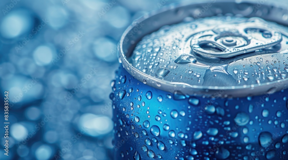 Blue aluminum can covered in condensation Blue aluminum can covered in condensation