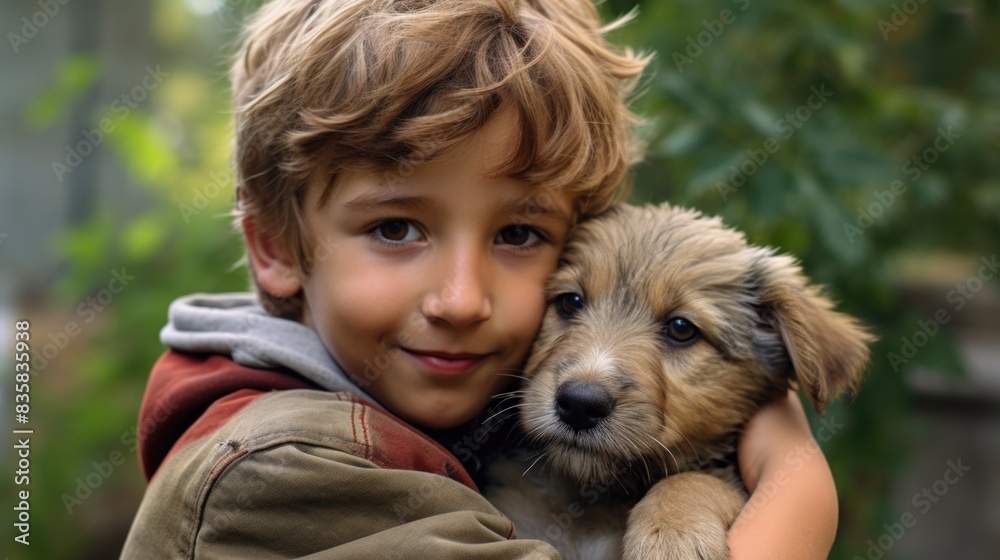 Young boy hugging small white dog indoors Young boy hugging small white dog indoors