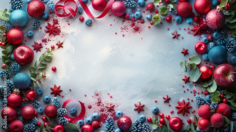 Festive holiday background with red and blue Christmas ornaments, pinecones, and foliage arranged around a frosty blank space. Festive holiday background with red and blue Christmas ornaments, pinecones, and foliage arranged around a frosty blank space.