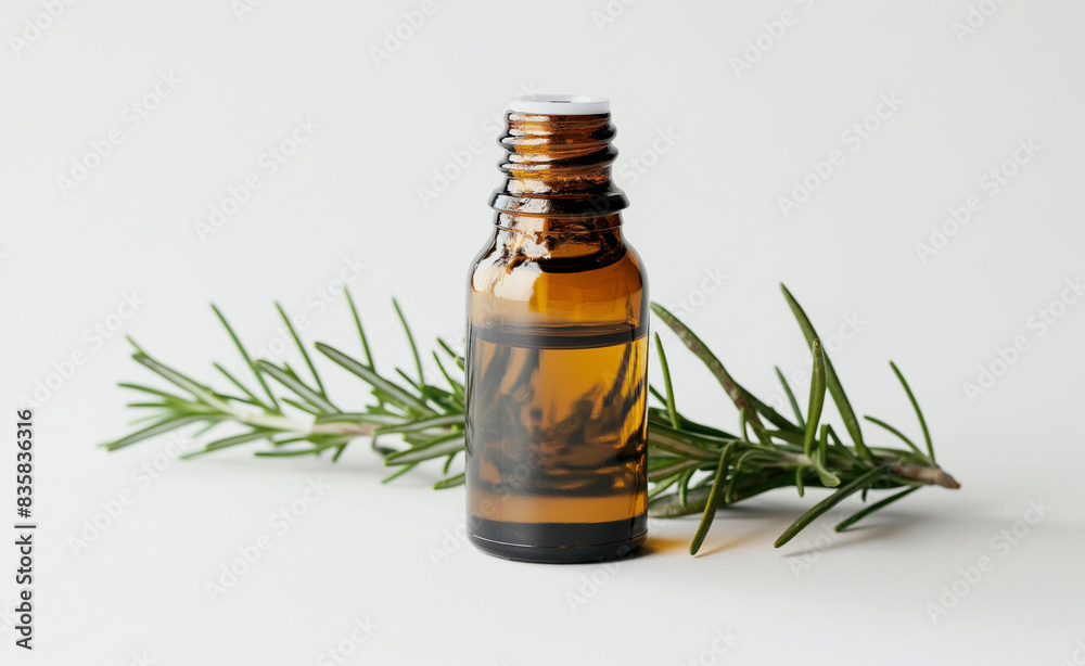 A bottle of rosemary oil, set against a clean, white background, highlighting its natural and beneficial properties, modern and soothing. A bottle of rosemary oil, set against a clean, white background, highlighting its natural and beneficial properties, modern and soothing.