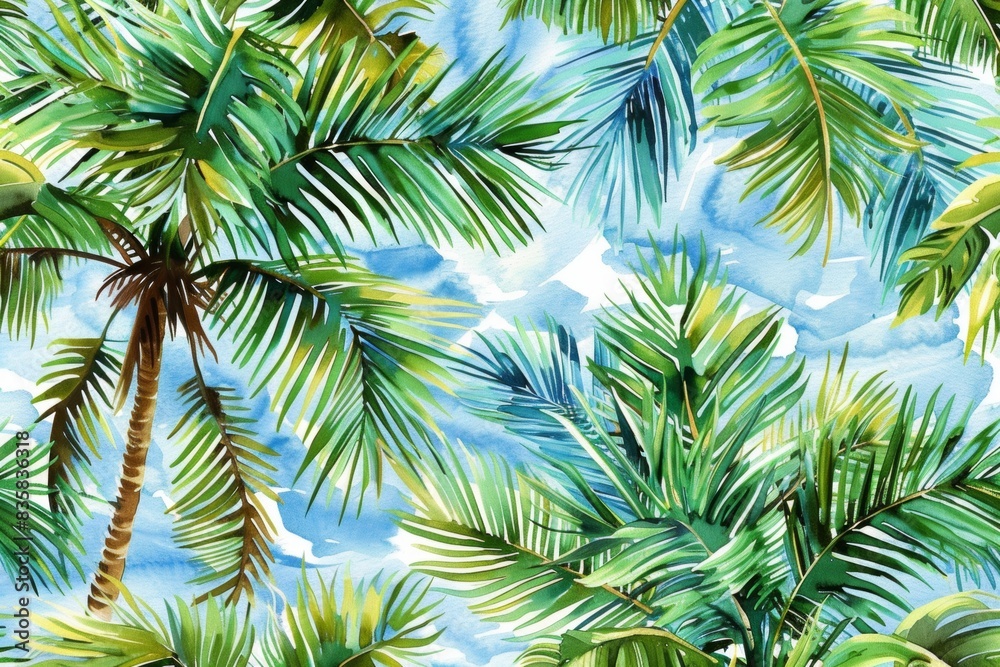 Fototapeta premium Tropical Palm Trees Against a Blue Sky Background