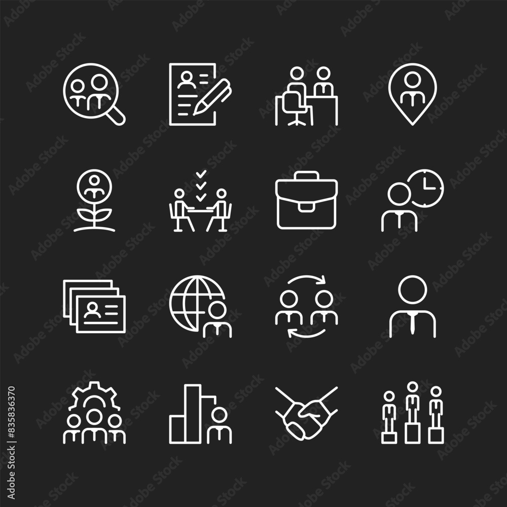 Recruitment icon set, white lines on black background. Professional hiring, finding top employees, candidate selection for successful teams and businesses. Customizable line thickness Recruitment icon set, white lines on black background. Professional hiring, finding top employees, candidate selection for successful teams and businesses. Customizable line thickness