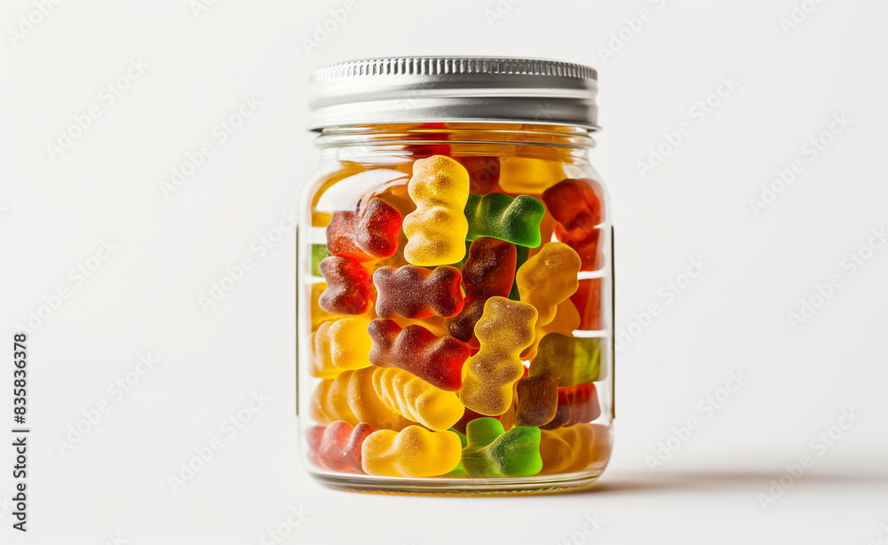 A jar of caffeine gummies, set against a clean, white background, emphasizing their convenience and energy-boosting benefits, modern and appealing. A jar of caffeine gummies, set against a clean, white background, emphasizing their convenience and energy-boosting benefits, modern and appealing.