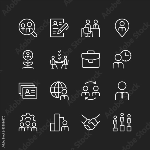Recruitment icon set, white lines on black background. Professional hiring, finding top employees, candidate selection for successful teams and businesses. Customizable line thickness