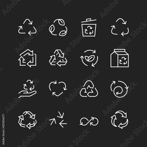 Recycle icons, white on black background. Material recyclability, waste conversion. Three chasing arrows recycle symbol. Customizable line thickness