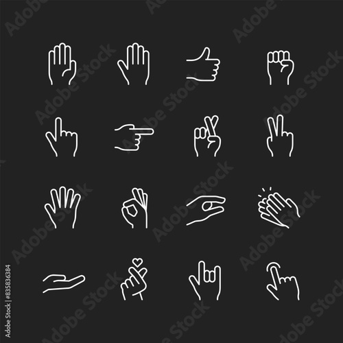 Hand gestures icon set, white lines on black background. Non-verbal communication using hands and fingers. Emotions, meanings, instructions conveyed. Customizable line thickness