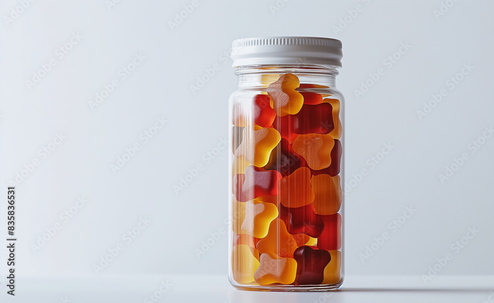A jar of caffeine gummies, set against a clean, white background, emphasizing their convenience and energy-boosting benefits, modern and appealing. A jar of caffeine gummies, set against a clean, white background, emphasizing their convenience and energy-boosting benefits, modern and appealing.