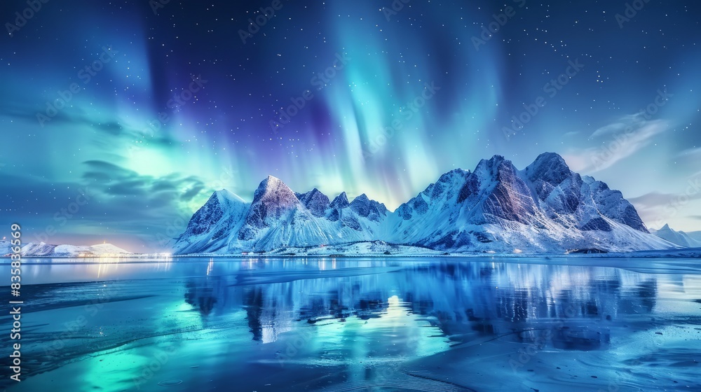 Naklejka premium Majestic aurora borealis over lofoten islands in norway: spectacular night sky illuminated with polar lights reflecting on tranquil winter waters