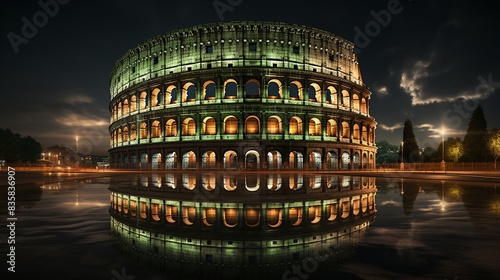 An ancient Roman coliseum illuminated by modern lighting 