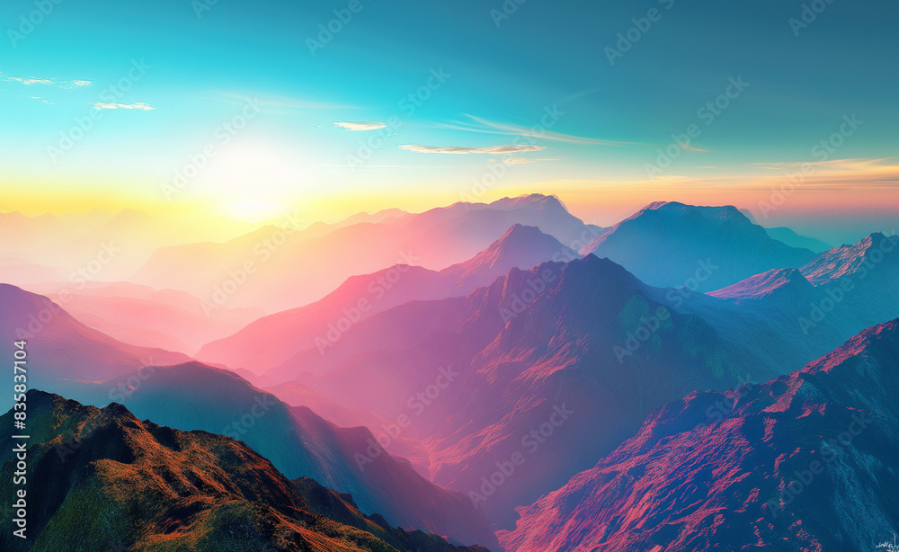 A breathtaking view of a colorful mountain range bathed in the soft hues of a sunset, showcasing the natural beauty and tranquility of the landscape.